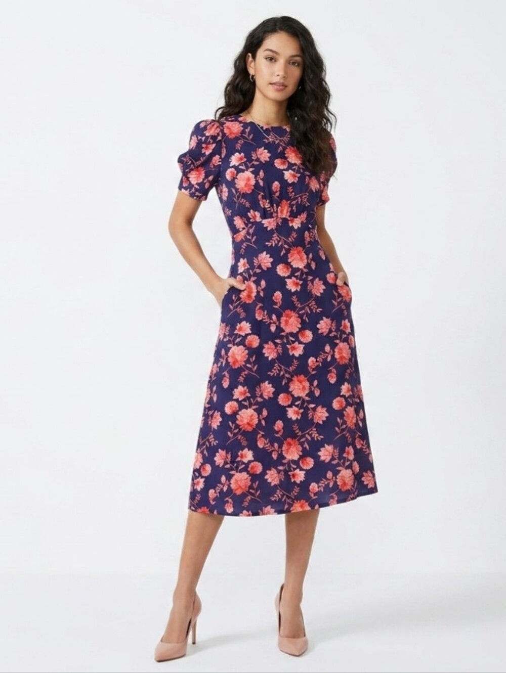 NEW Vince Camuto Floral Print Puff Sleeves  Midi Dress Size 6